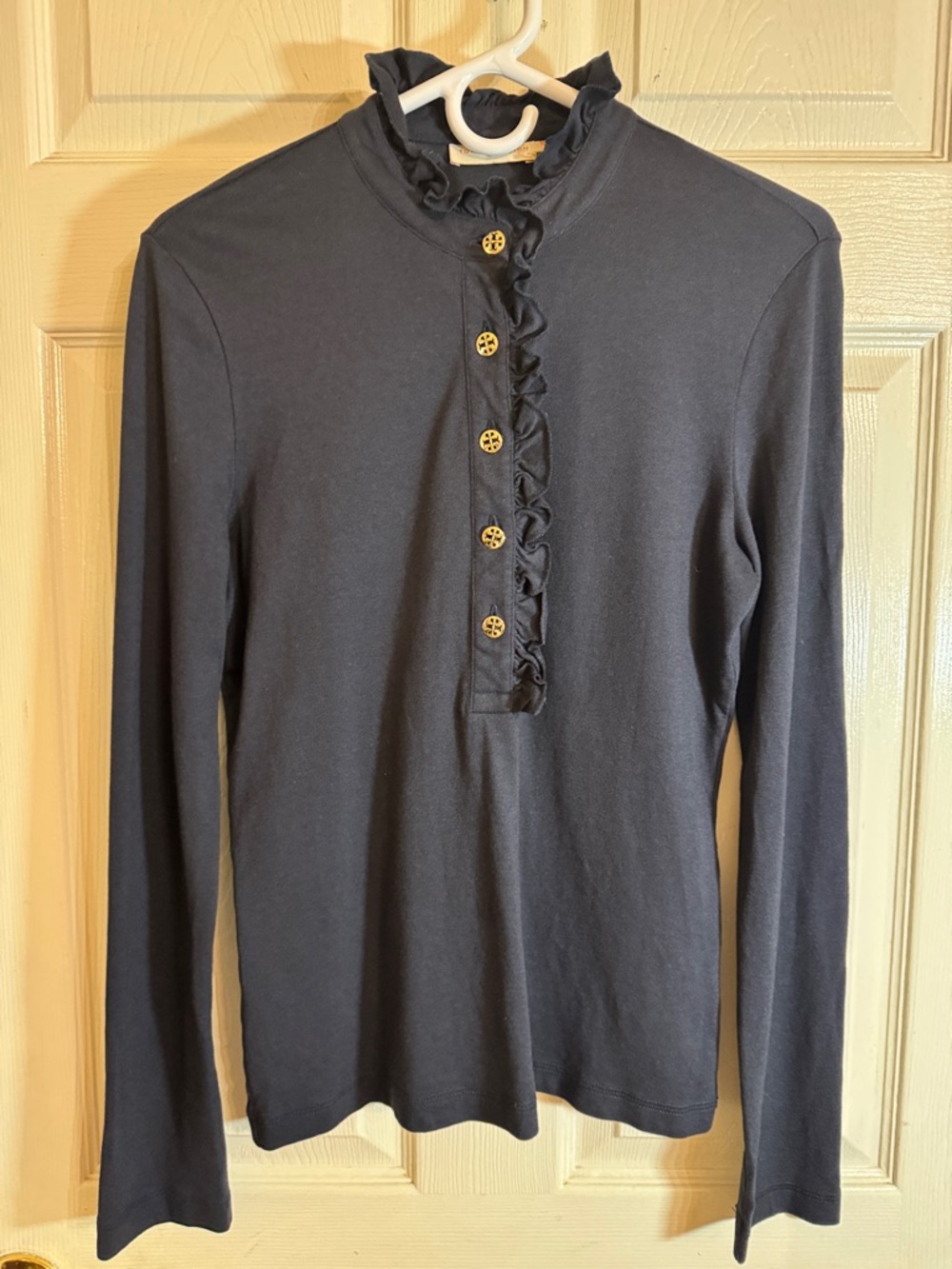 Tory Burch Lidia Navy Ruffle-Trim Top with Logo Buttons Sz Medium